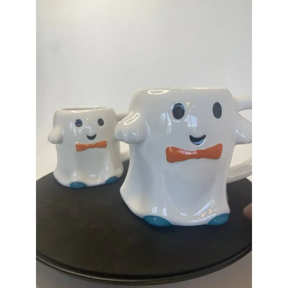 Hyde & Eek Mug Halloween Ghost Mini Ghost Mug Orange Bow tie Teal Feet